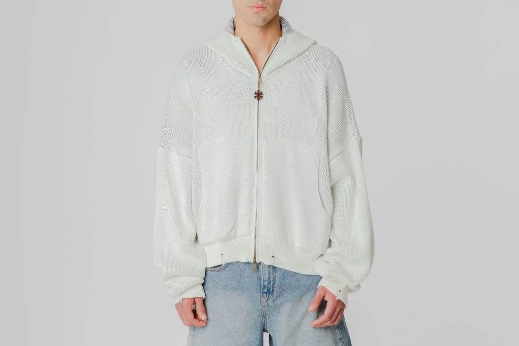 J Balvin Omerta Knitted Zip Hoodie - OMT07-WHT - Lust México