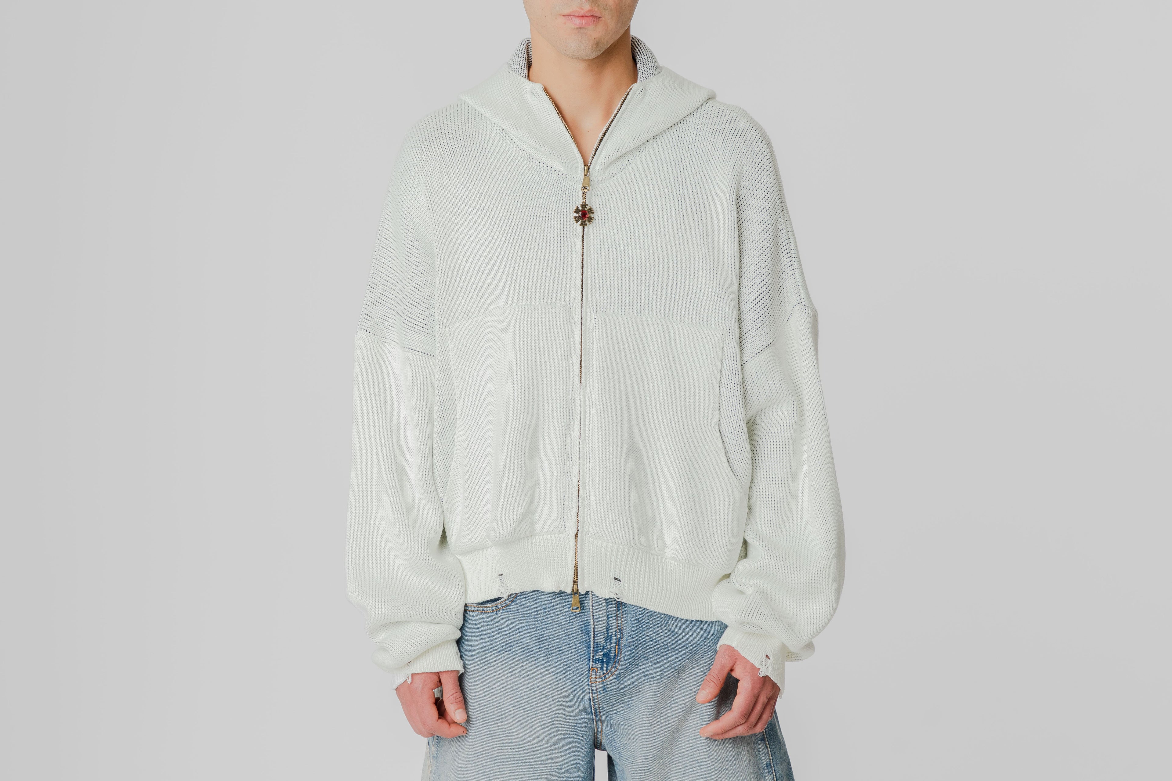 J Balvin Omerta Knitted Zip Hoodie - OMT07-WHT - Lust México