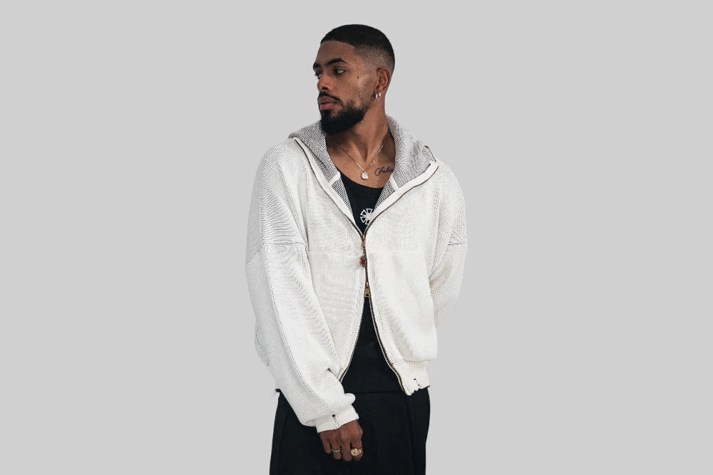J Balvin Omerta Knitted Zip Hoodie - OMT07-WHT - Lust México