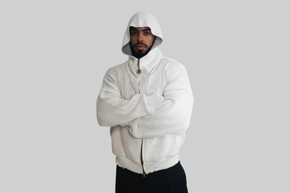 J Balvin Omerta Knitted Zip Hoodie - OMT07-WHT - Lust México
