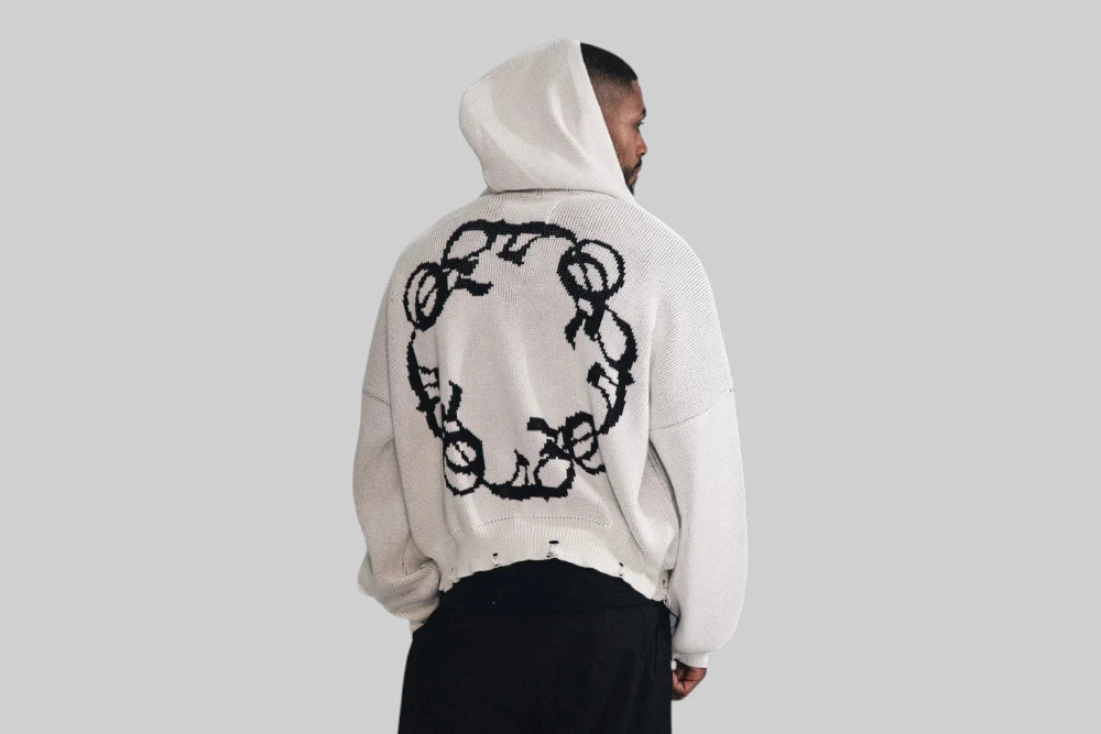 J Balvin Omerta Knitted Zip Hoodie - OMT07-WHT - Lust México