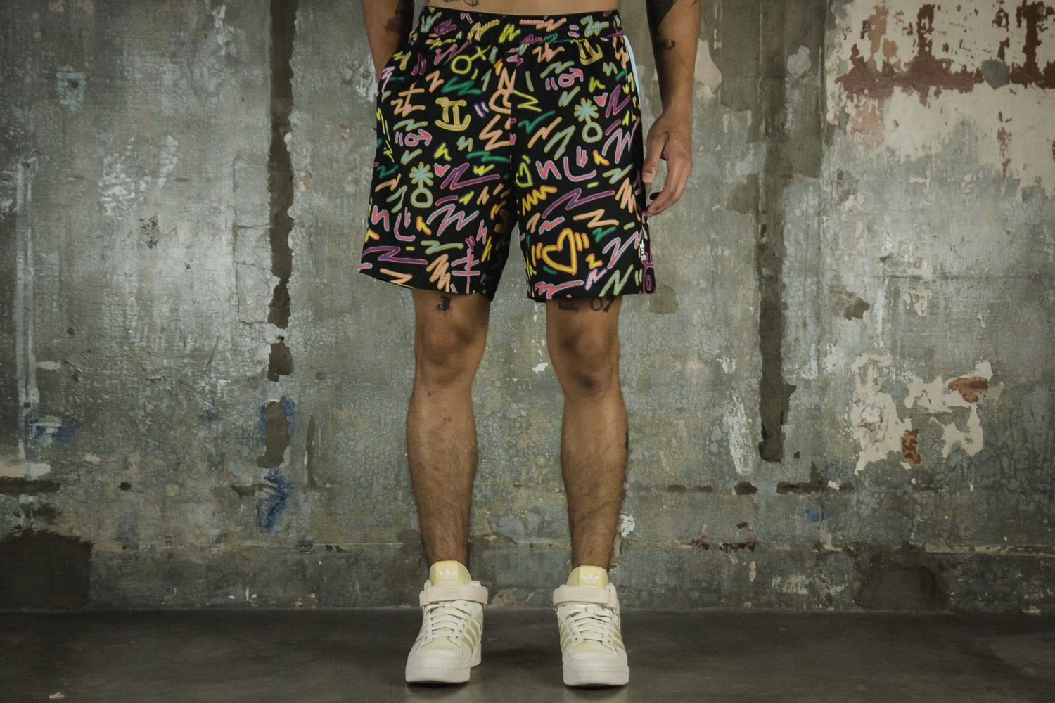 adidas Love Unites Doodle Print Woven Shorts (6757628313666)